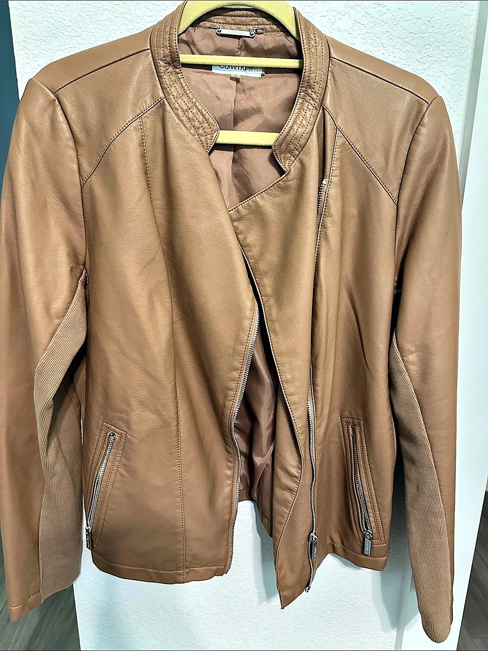 Calvin Klein Faux Leather Moto Jacket in Brown (taupe)